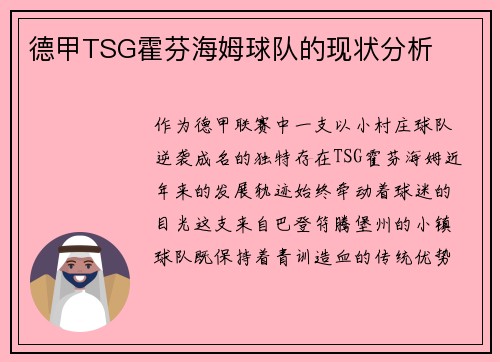 德甲TSG霍芬海姆球队的现状分析