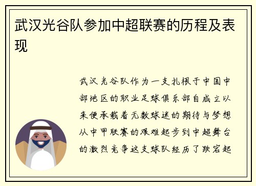 武汉光谷队参加中超联赛的历程及表现